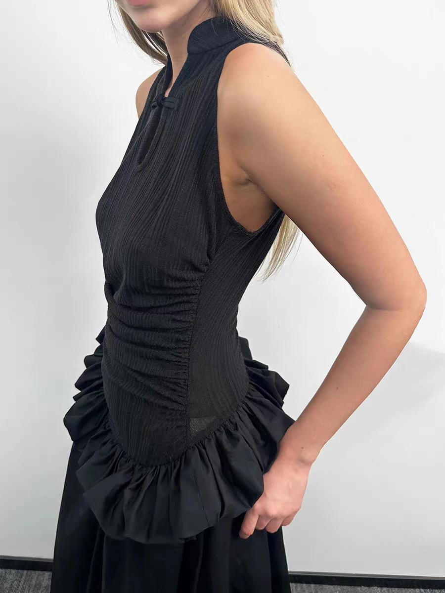 RORORIRI ネオ中国女性カットアウトタンクロングドレスノースリーブスリムストレッチリブニットスプライシングふわふわマキシドレス Grayu レトロ服