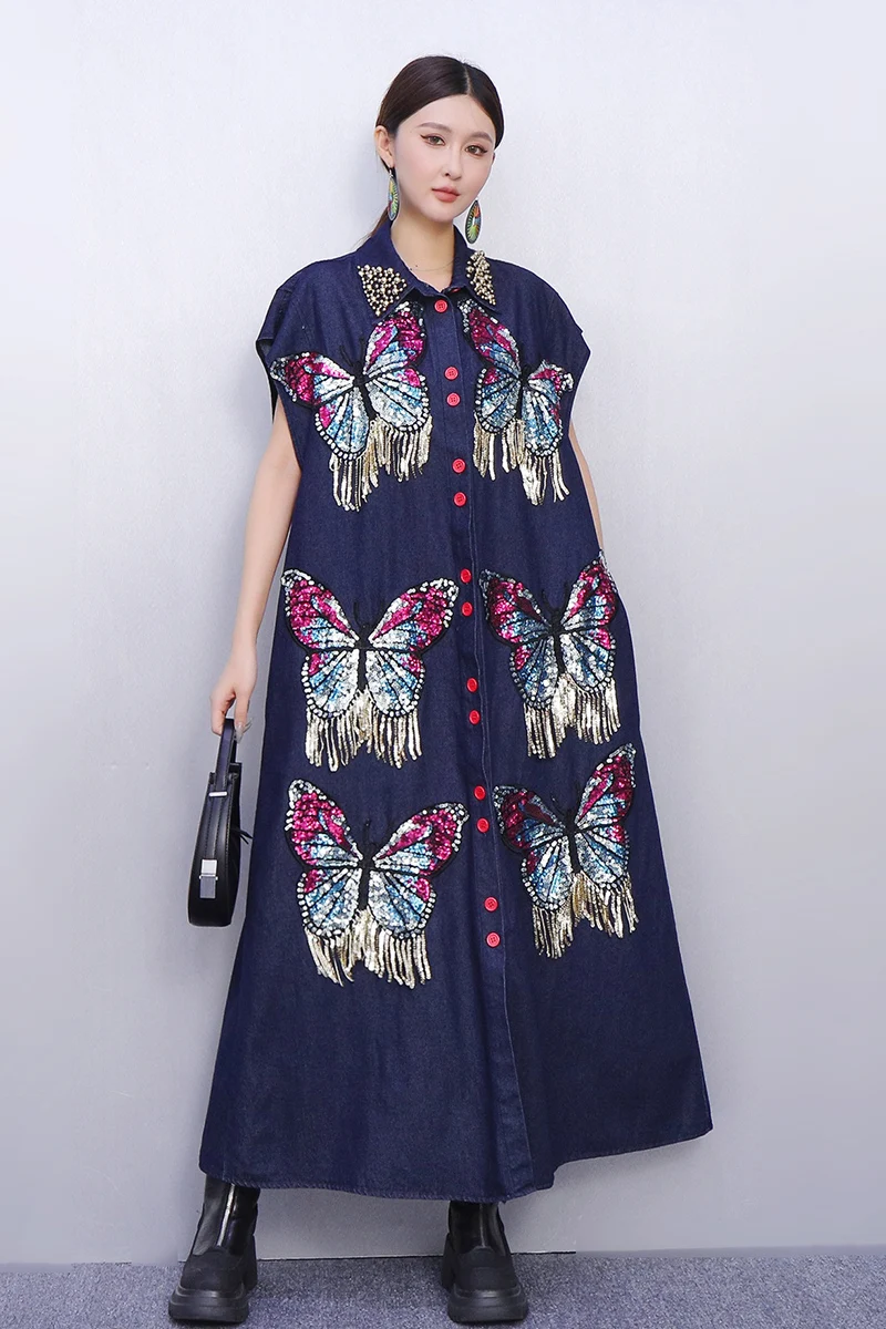 2025 Herfst Nieuwe Elegante Mode Vrouwen Denim Losse Shirts Lange Jurken Vrouwelijke Lange Mouw Jurk Groothandel J2022