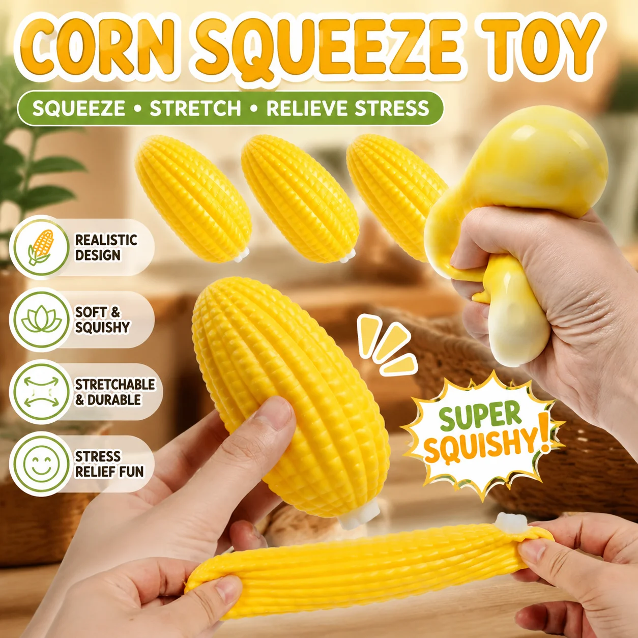 Creative Simulation Corn Squishy Toy TPR Soft Pull and Stretch Stress Relief Decompression Fidget Sensory Toy for Adults Kids