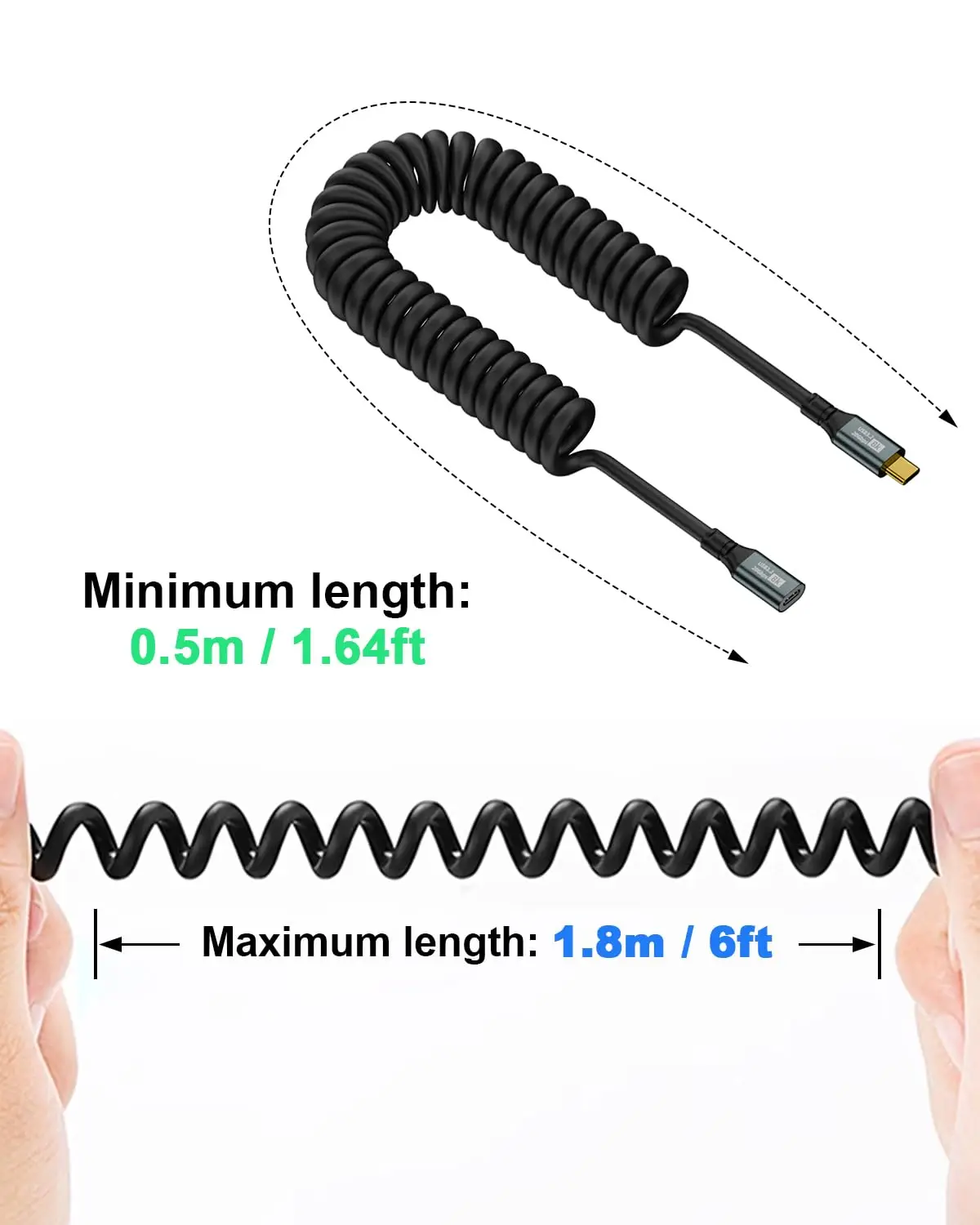 USB C Extension Coiled Cable 6ft, USB C to USB C Coiled Cable 20Gbps, USB C Male to Female Extension Cable 100W, Type C Extender