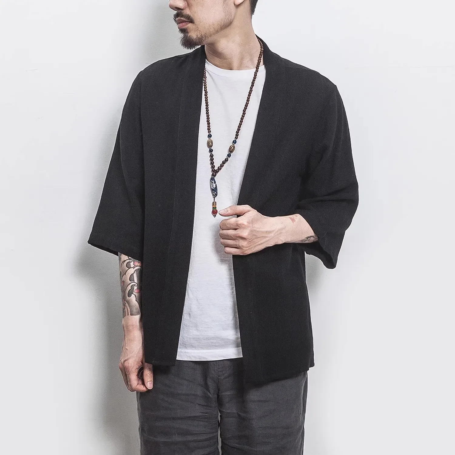 

Men's Kimono Cardigan Japanese Jackets Casual Cotton 3/4 Sleeve Shirt Open Front Coat Lightweight Linen Yukata