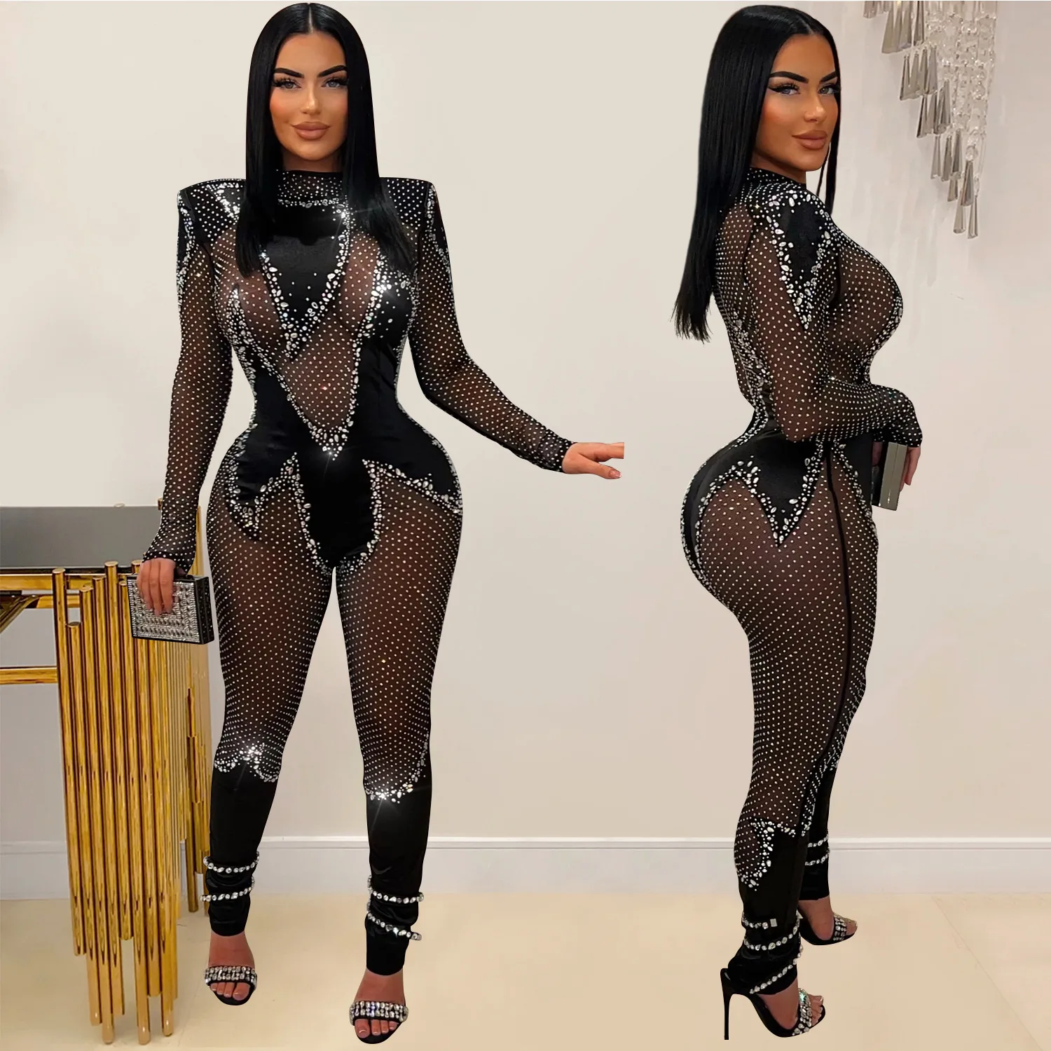 

Black Long Sleeved Jumpsuit Women 2024 Spring/Summer New Sexy Perspective Mesh Bodysuit Fashion Hot Diamond Female Jumpsuit