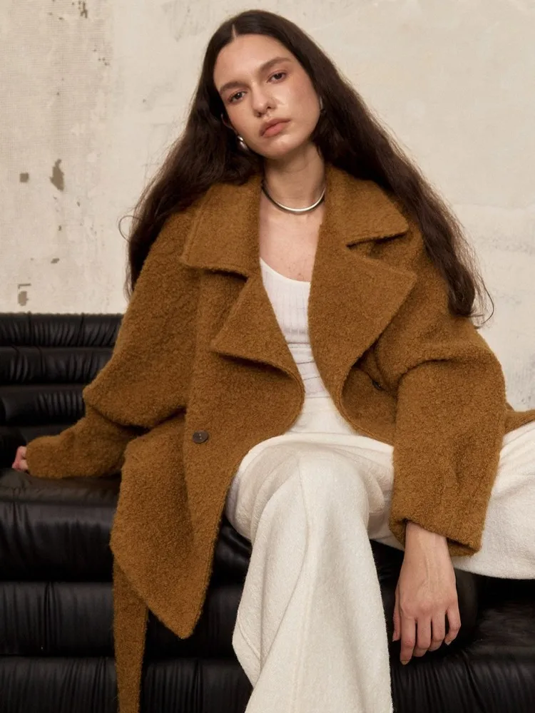 Vintage Women Double Breasted Woolen Coat Solid Color turndown Collar Designer Loose Fit Sashes Autumn Winter New Casual Jacket