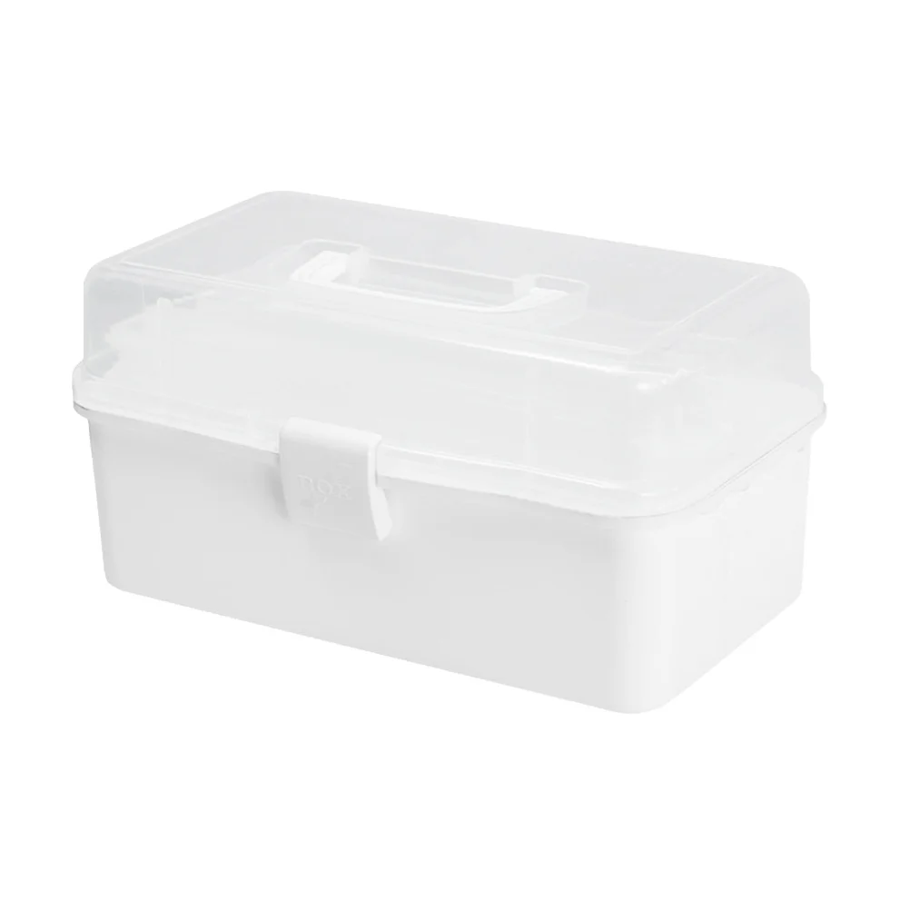 First Aid Medical Box with Transparent Cover 3 Layer Large Capacity 180 Degree Rotation Holder Portable Storage Box Size L White