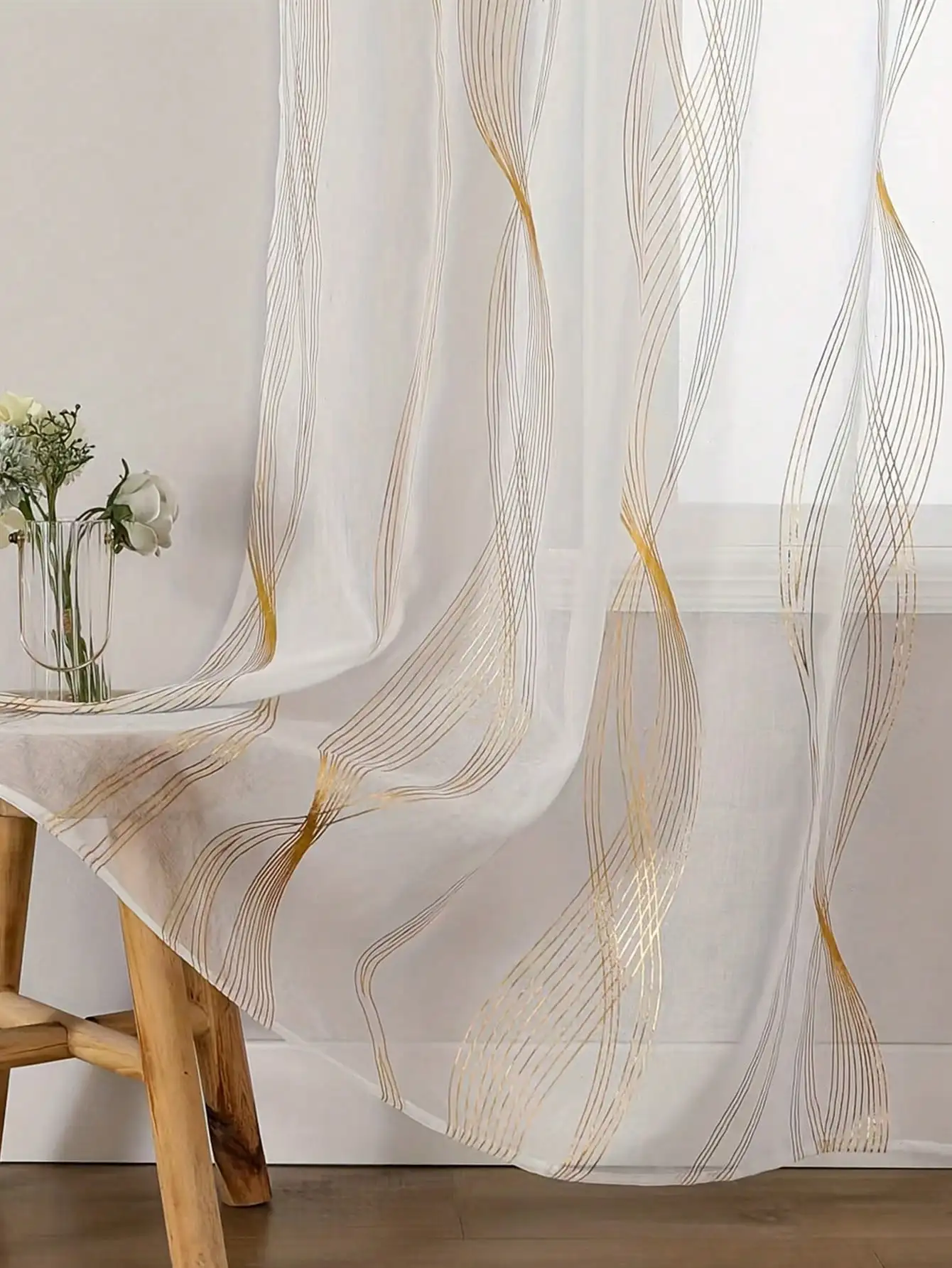 Luxury Gold Wavy Line Sheer Window Curtains, Elegant Embroidered Light Filtering Voile Drapes, Grommet Semi-Transparent Curtains