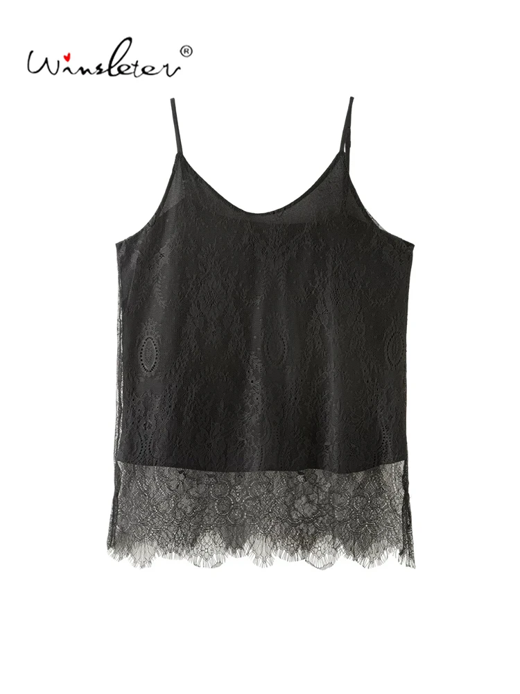 Winsleter-Lining Silk Double Crepe Elegant Sling, Lace Patchwork, Women French Retro Thin Camisole, 2026 Summer New T67731CC