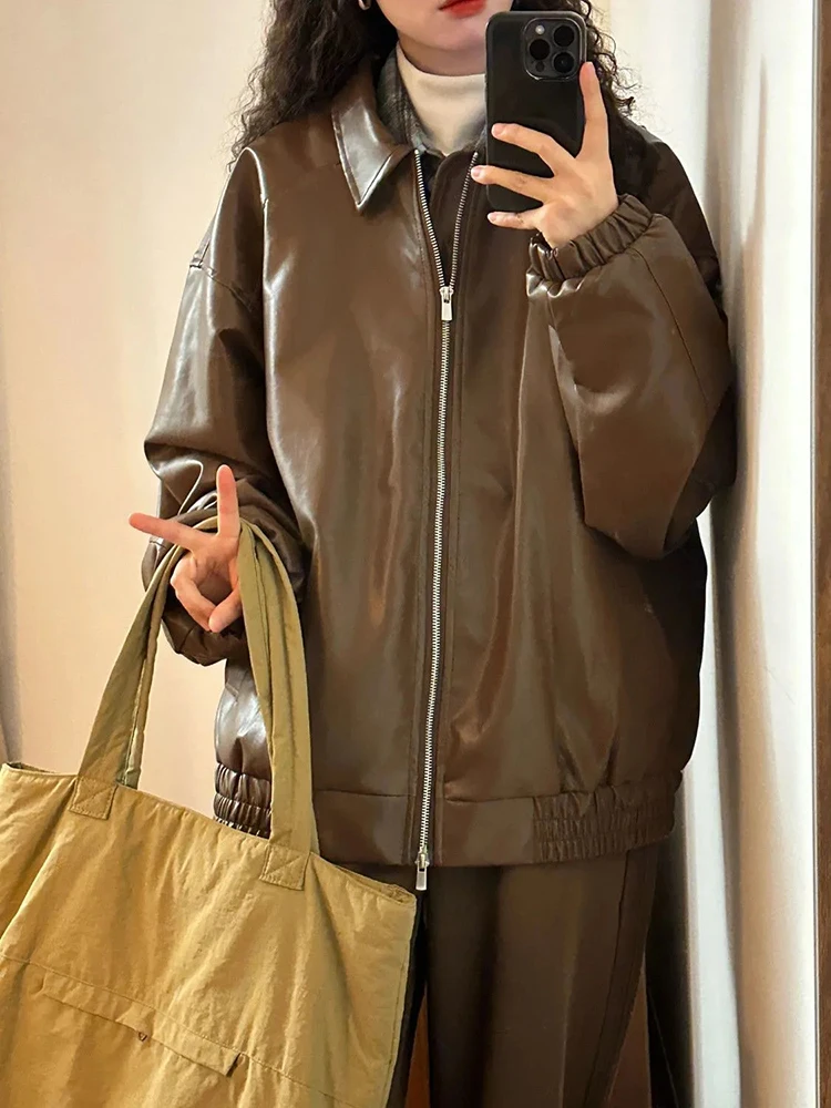 Streetwear Vintage Women Jacket Pu Leather High Street Hottie Solid Long Sleeve Jackets Japanese Loose Casual Zipper Female Coat