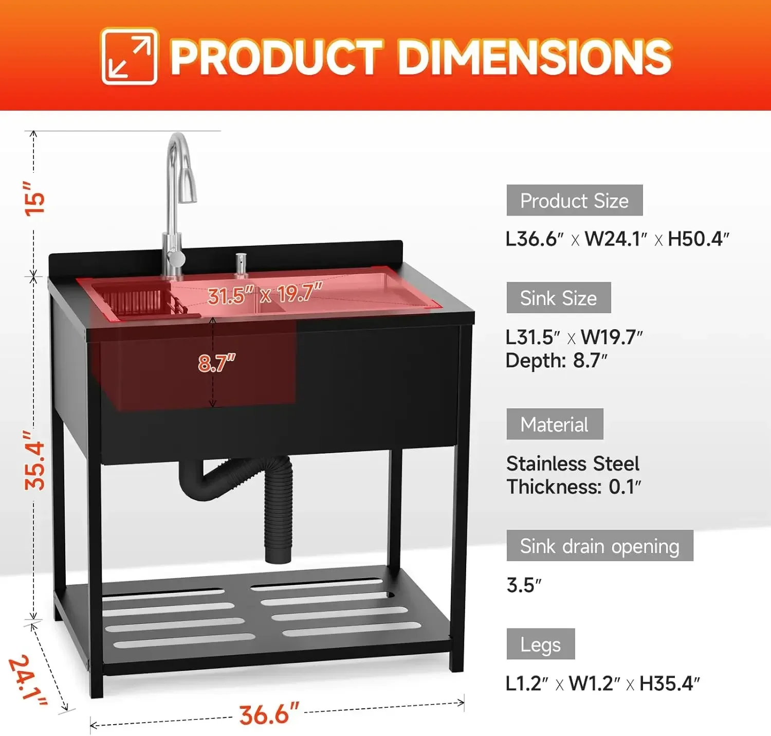 Stainless Steel Utility Sink, 36.6