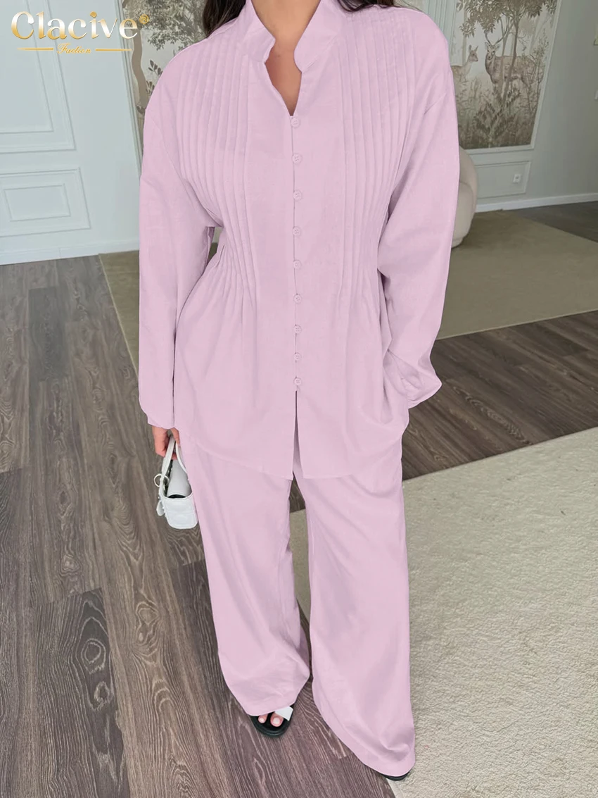 Clacive Fashion Loose Pink Cotton 2 Pieces Set Woman 2027 Casual Long Sleeve Shirt With High Waist Wide Pants Set Female Clothes
