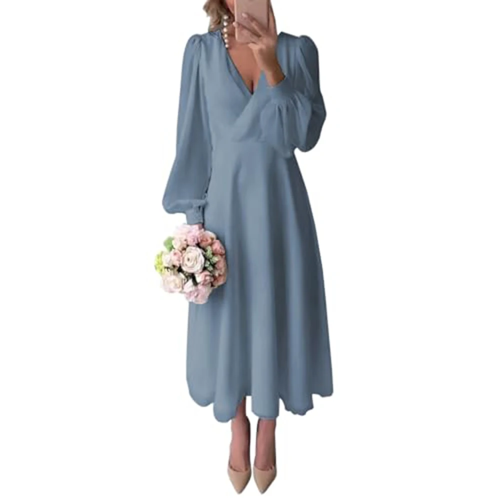 

High-end Banquet Dress V-Neck Long Sleeve Ankle-Length Beach Dresses for Banquet Party Prom Vacation Cocktail Party Prom Banqu