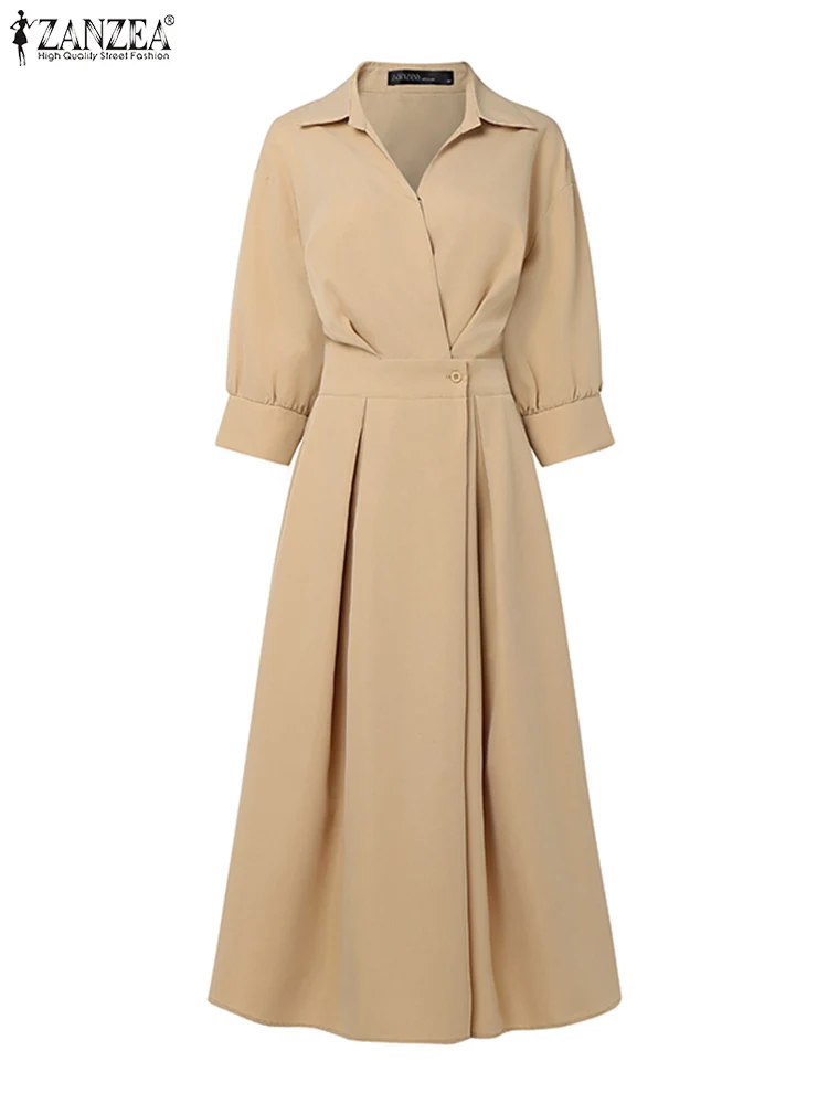 ZANZEA Elegante Lange Hemd Kleider 2025, Frauen Herbst Revers 3/4 Hülse Party Sommerkleid Fashion Solid Hohe Taille Plissee Maxi Robe