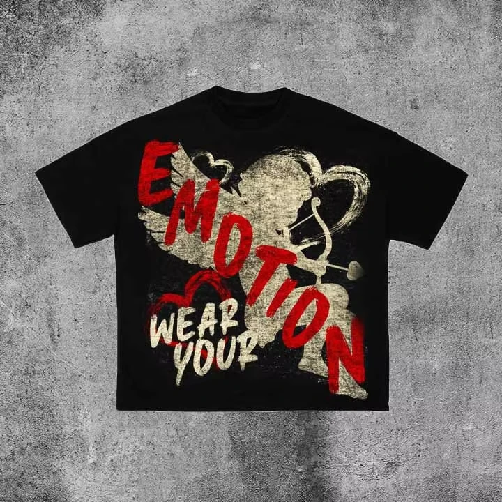 Vintage Emotion Angle Graphic 100% Cotton Short Sleeve T-Shirt Men Y2K Summer Short Sleeves Oversize Tshirt Streetwear Women Top