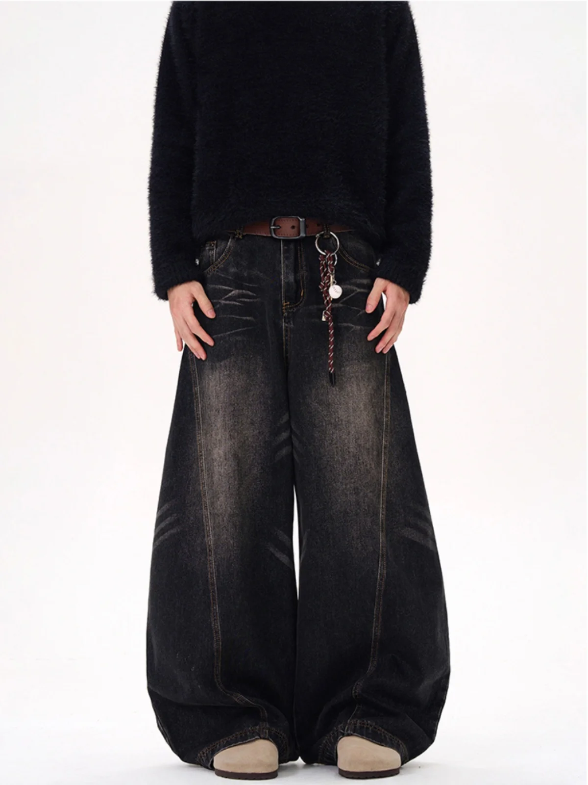 

Retro American Washed Black Knife Men's Wide Leg Loose Jeans Drag Long Pants Spring Autumn Straight Leg Trousers