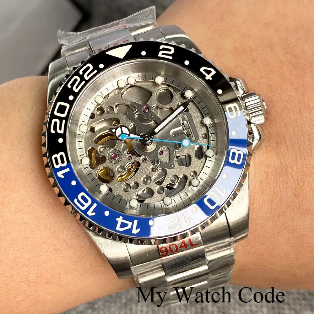 Nologo Hollow-out Skeleton NH70 Watch for Men Steel Blue Hand 120 click Bezel Reloj Hombre Glass Back