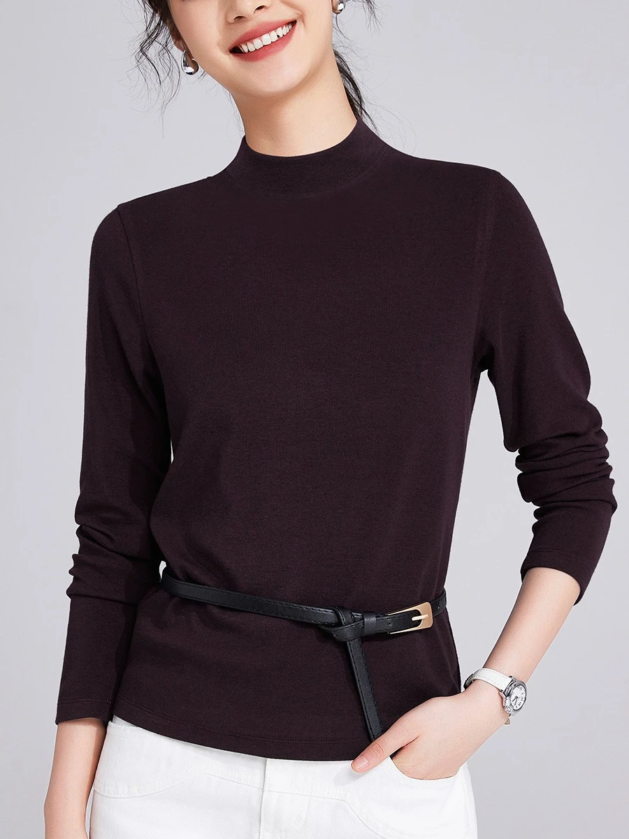 Women Lyocell Wool Mock Neck Long Sleeve T-shirt 2026 Fall Winter Slim Fit Thermal Warm Base Layer Elegant Casual Basic Tops