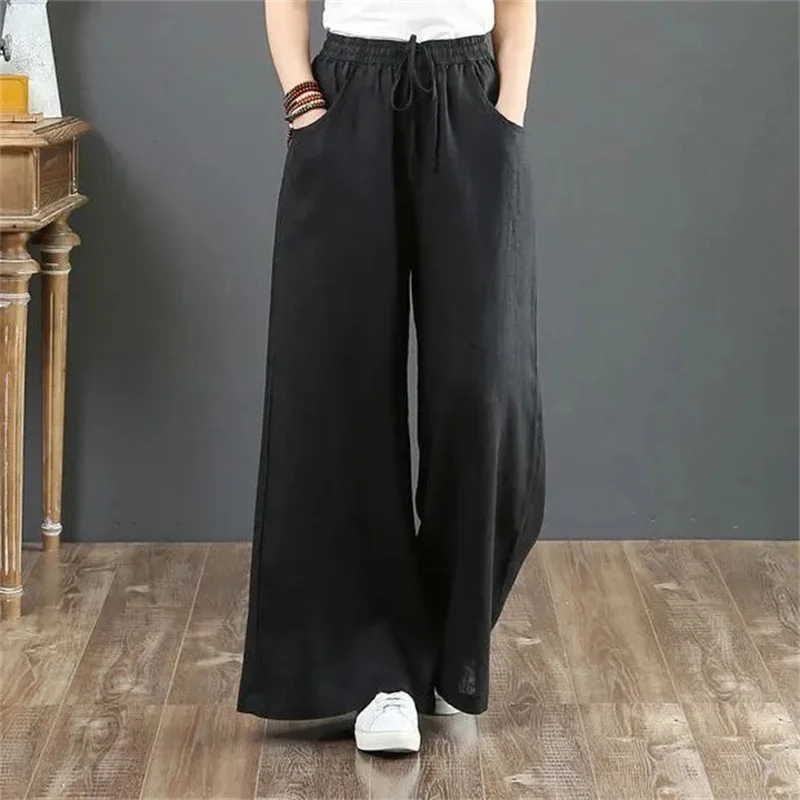 

Новые летние свободные повседневные брюки с широкими штанинами, однотонные, из хлопка и льна, с эластичным поясом, женские уличные брюки на шнурке