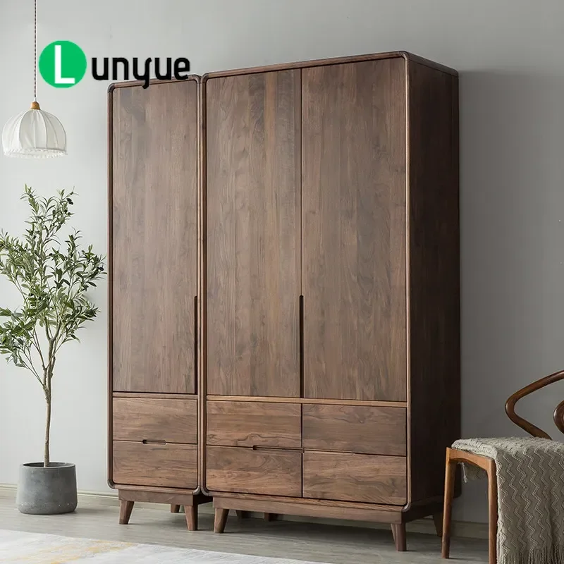 Nordic Solid Wood Wardrobe Black Walnut Oak Modern Simple 2 3 Door Closet for Small Apartment Bedroom Storage Furniture