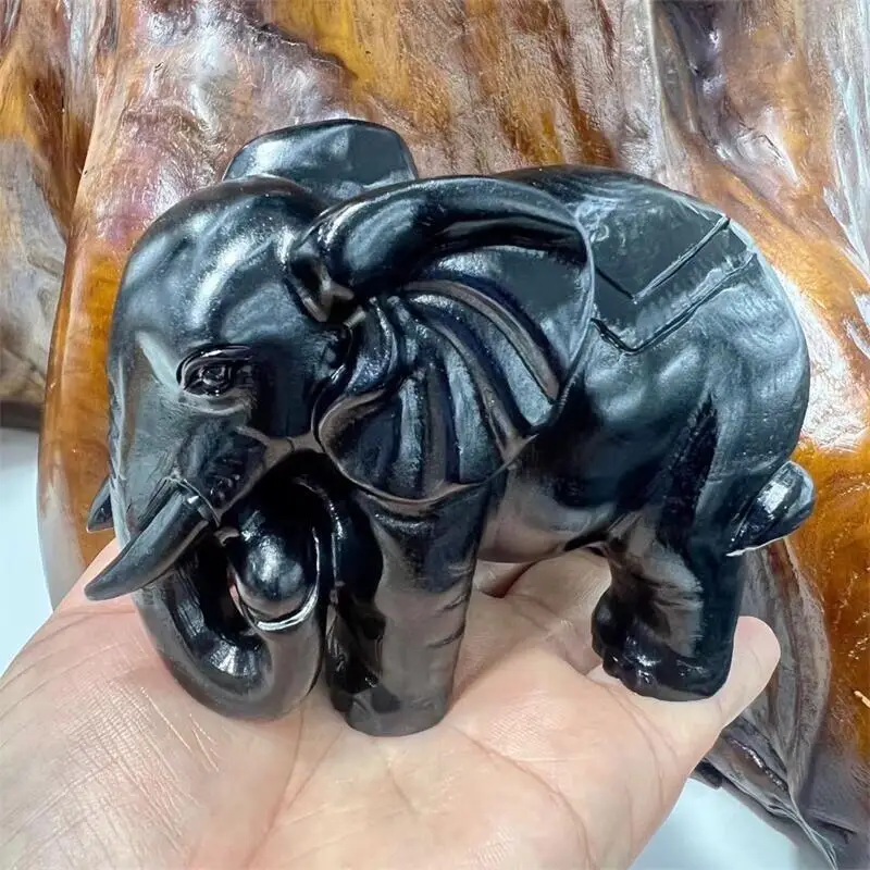 

12cm Natural Black Obsidian Elephant Figurine Gemstone Crystal Carved Animals Statue For Reiki Home Decoration 1pc