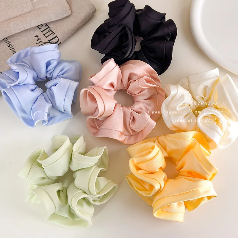 

Elegant Solid Color Ruffle Fabric Hair Ties for Women New Satin Edge Scrunchies Soft Elastic Ponytail Holders Non Slip Gift