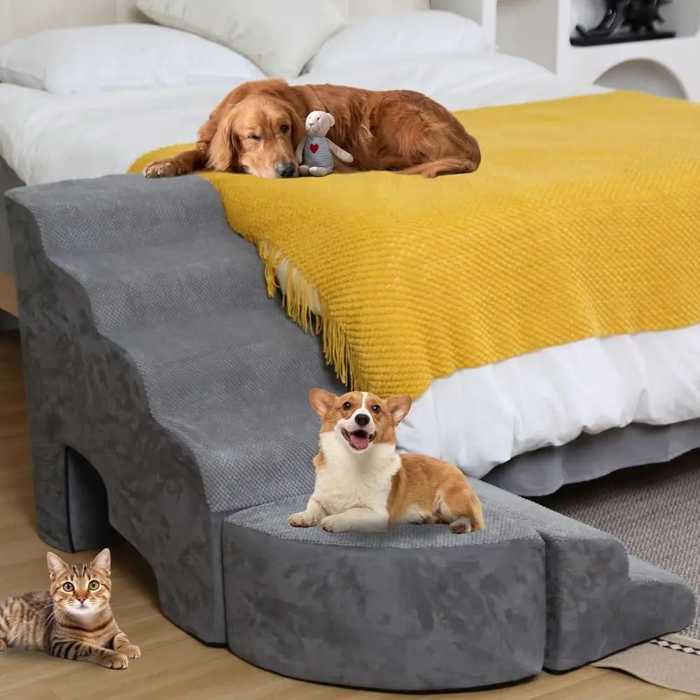 منحدر درج الحيوانات الأليفة للكلاب الصغيرة: سهل الوصول إلى أسرة عالية، غطاء قابل للإزالة، خطوات إسفنجية متينة للحيوانات الأليفة المتوسطة والكبيرة