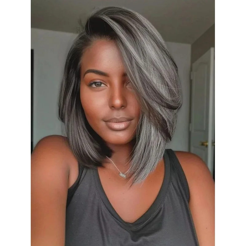 Short Gray Wig with Brown Highlight Bob Wigs Lace Front  Wigs