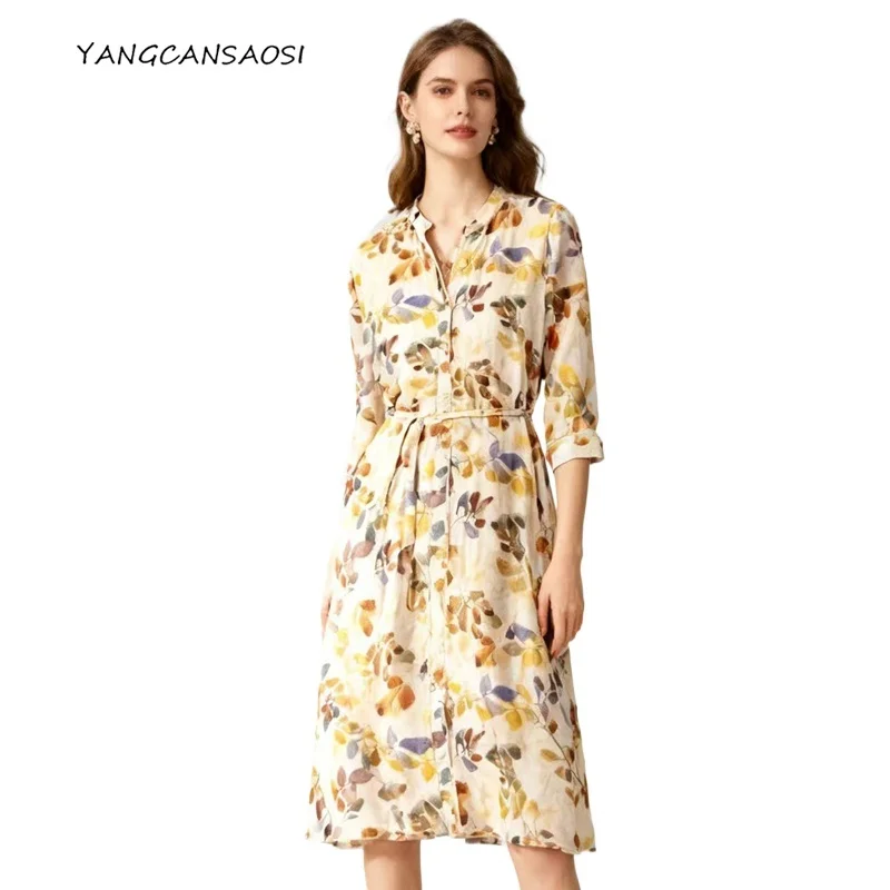 

(Welfare Funds) Women's Fashion Clothing 100% Natural Mulberry Silk 04 Crepe De Chine V-Neck Leaves Printed Belt Casual Dress