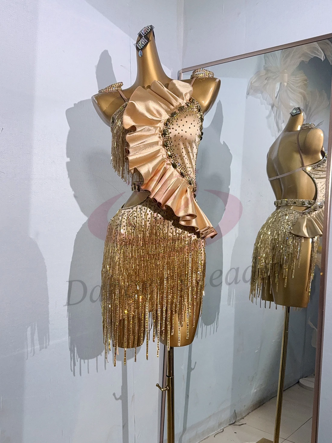 

Latin Dance Costume Rhinestone Girl Adult High-end Customized Pleated Lotus Leaf Design Samba Dance Dress Performance Dress