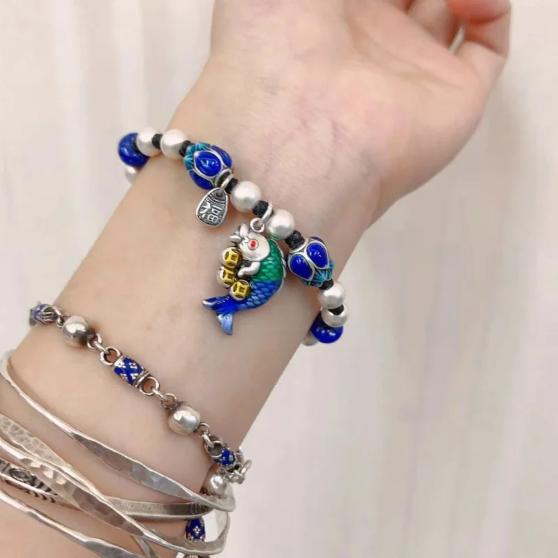 925 Sterling Silver Lapis Lazuli Bead Charm Bracelet Original Ethnic Hand Woven Coin Lotus Fish Bracelets Jewelry For Women SL46