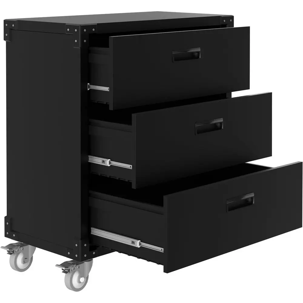 

Heavy-Duty 3-Drawer Metal Rolling Tool Cabinet with Wheels, Mobile Storage for Garage, Workshop, and Office, Black, 31.5W x 16.5