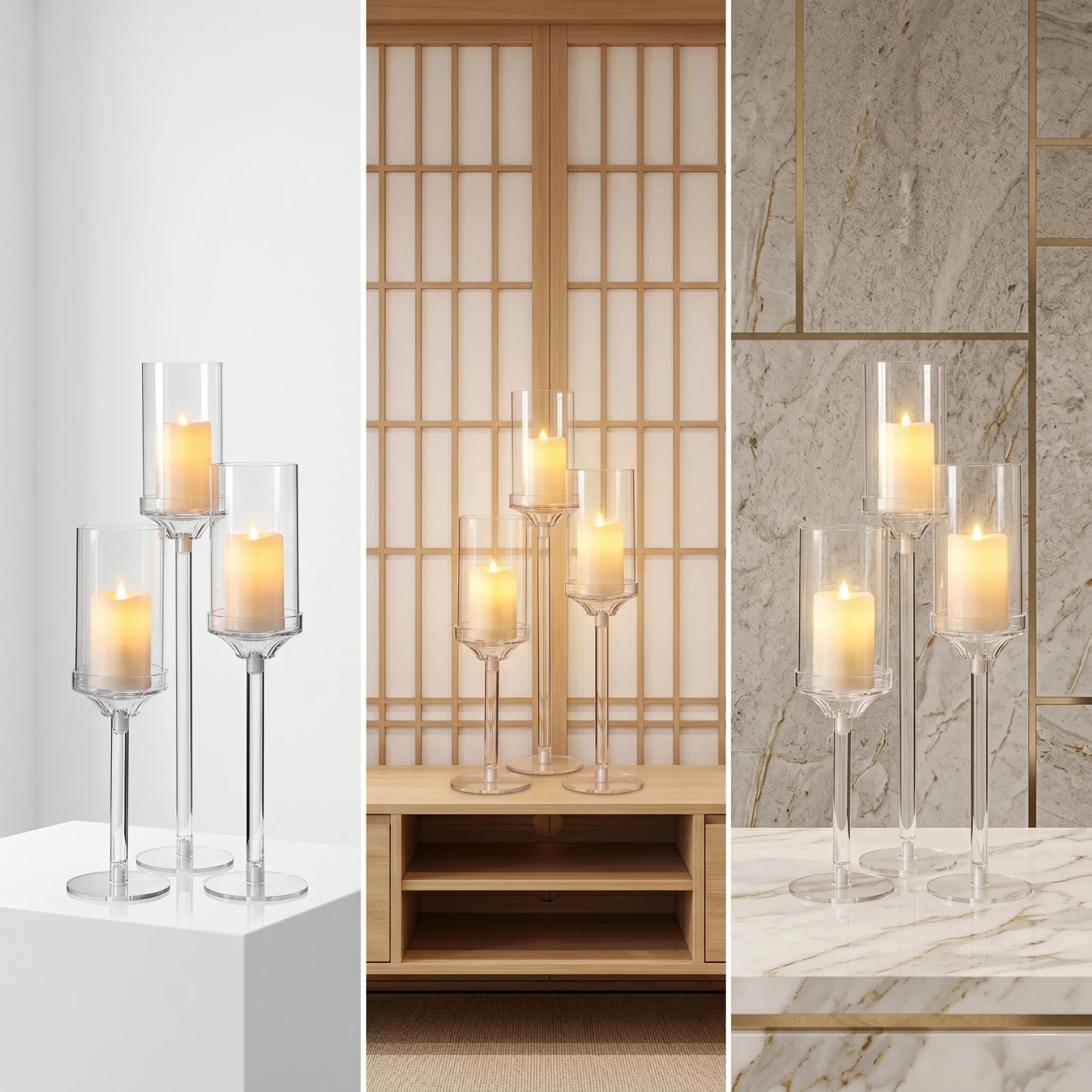 3 Pieces Candle Holder with Cylindrical Cup Transparent Acrylic Candle Holder Candlesticks Easy to Clean Elegant