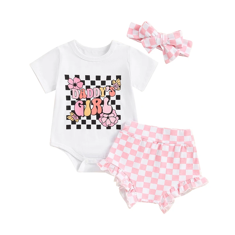 

Baby Girl 3 Piece Set Short Sleeve Letter Print Romper Frill Trim Shorts Checkerboard Headband Toddler Father's Girl Outfits