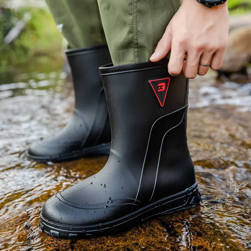 

Black Chef Kitchen Waterproof Mid-Calf Men's Rain Boots Rainy Day Wear-resistant Pvc 2025 Galoshes for City Low-heel Male Shoes
