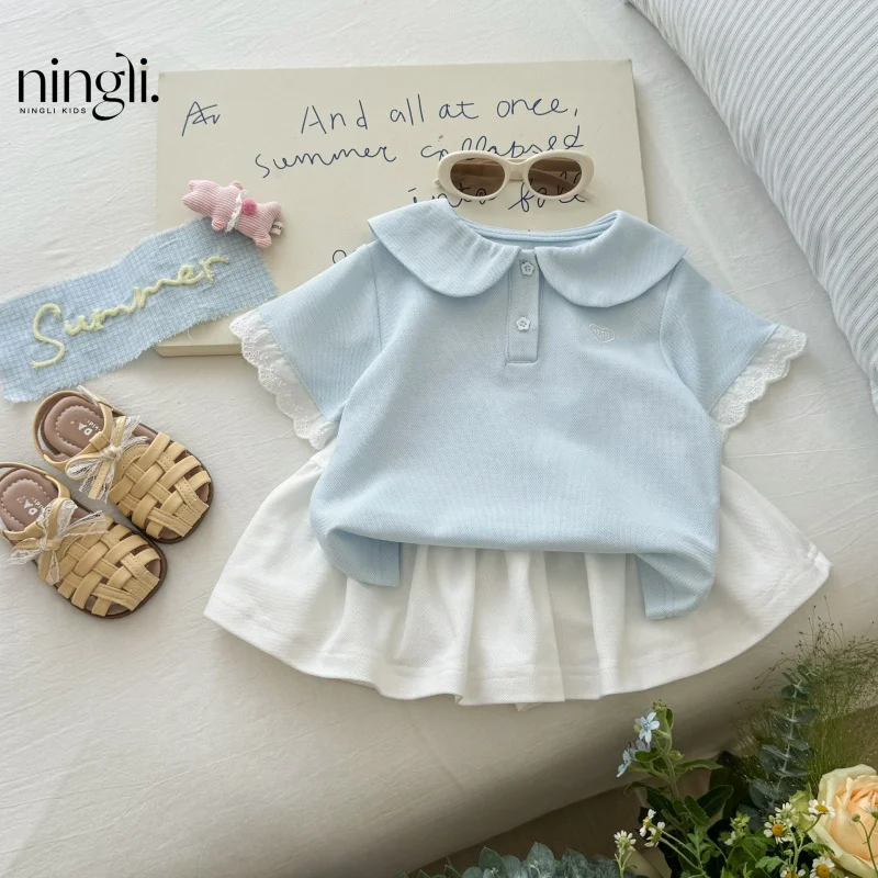 

Girls' Summer Outfit New Fashionable StylepoloChildren's Summer Outfit Short Sleeve Shorts Two-Piece Set for Toddlers and Kids