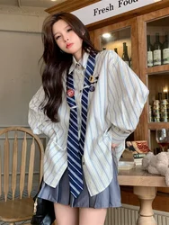 Korean Striped Loose Shirt Women 2024 Spring Fashion Streetwear Turn-down Collar Blouse All Match Harajuku Blusas Camisas Mujer