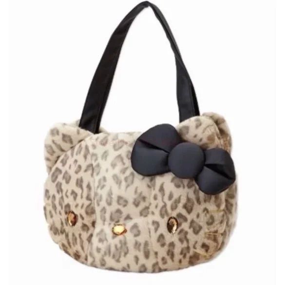 Miniso Sanrio Hellokitty Plush Fabric Leopard-Print Shoulder Bag Handbag For Women Large Capacity Tote Purse Side Bags For Girls