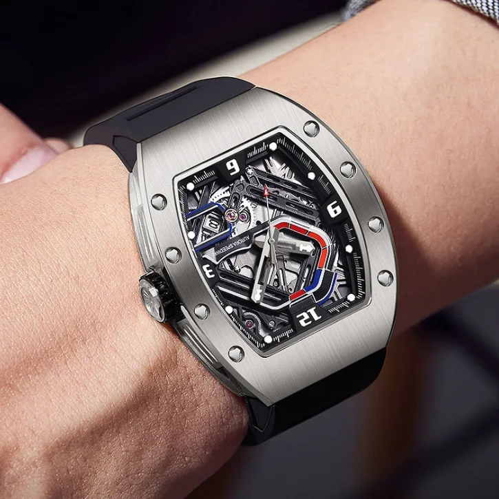 

HANBORO Мужские автоматические часы 42,5*52 мм Механические наручные часы Tonneau Корпус Водонепроницаемый светящийся гоночный трековый циферблат Miyota 9015