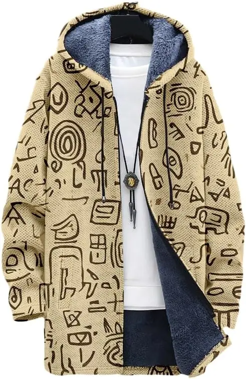 Men's Aztec Jacket Long Cardigan Hoodies Western Cowboy Fleece Lined Full Zipper Cable Knit Lined Sweater Coats 01