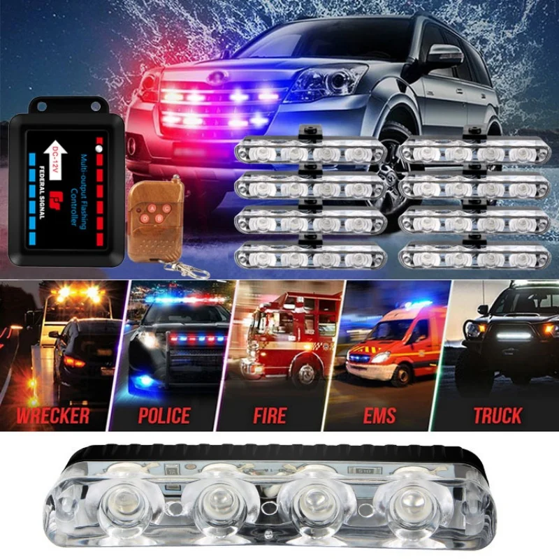 Car Modification Wired Remote Control 12V One Trailer Four Red Blue Grille Clip 16LED Ultra Bright High-power Burst Light