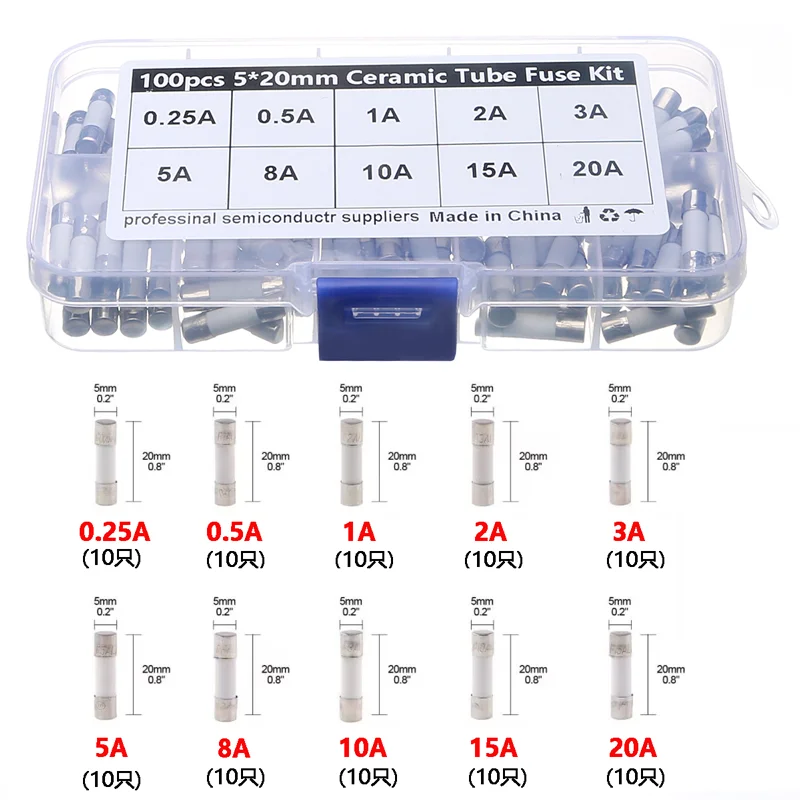 

100 шт. 5X20 мм керамическая предохранительная трубка 250 В 0,5 А-30 А 10 спецификаций 0,25 А-20 А