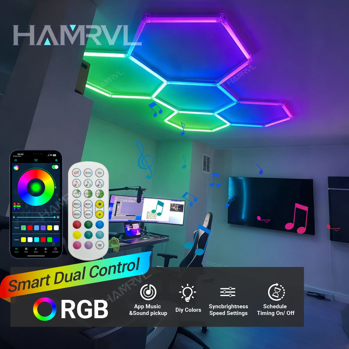 Variable color RGB Hexagon LED Panel Light DIY Splicable Color Changing Wall Ceiling Lamp for Gaming Room Garage Home Gym Decor