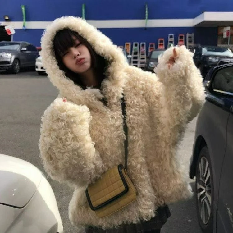 

2025 Winter Women's Fur Coat Lamb Wool Hooded Loose Warm Plush Eco-Friendly Overcoat