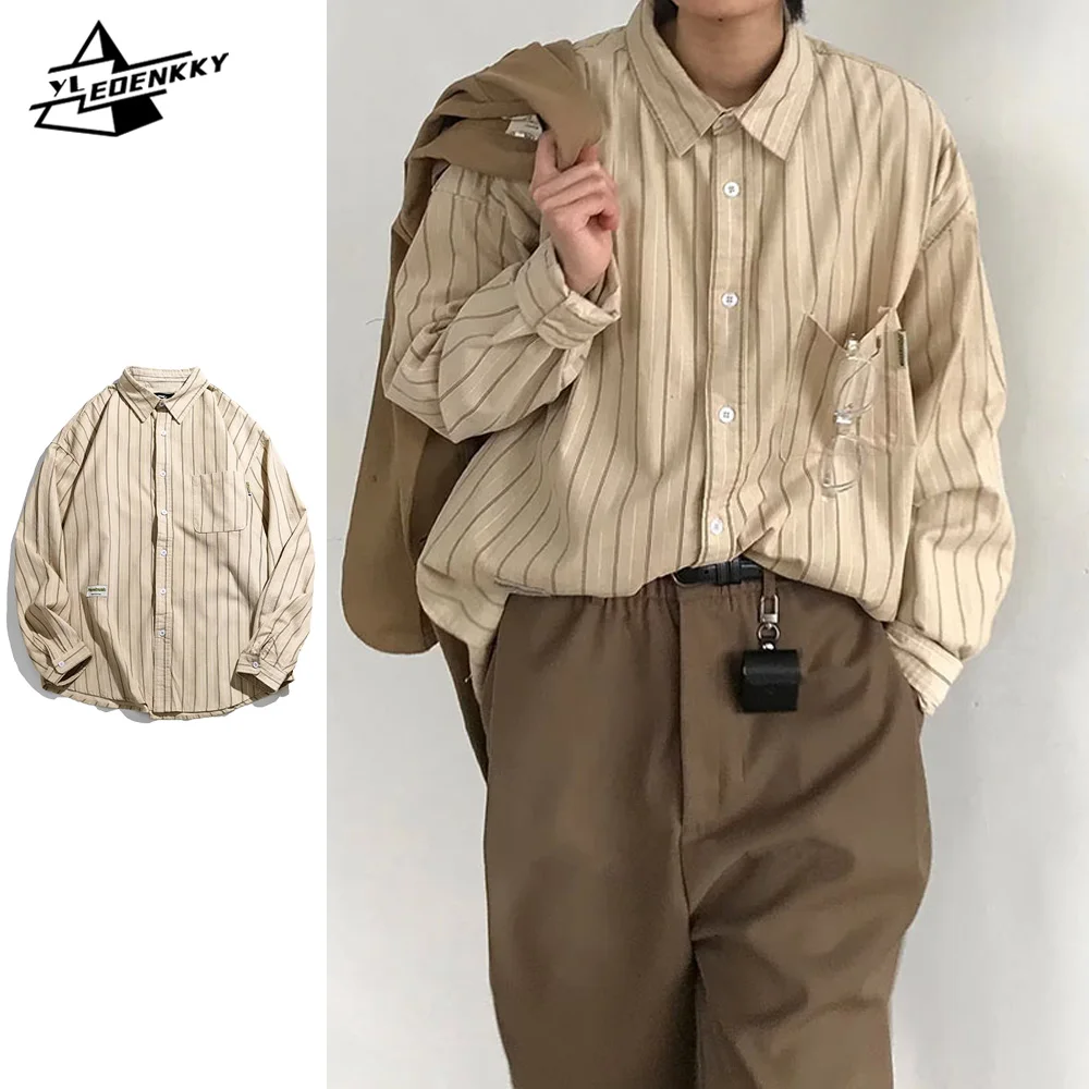 Japanese Vintage Shirts Men Women Harajuku Striped Loose Cardigan Coat Spring Autumn Thin Cargo Long Sleeves Casual Unisex Tops