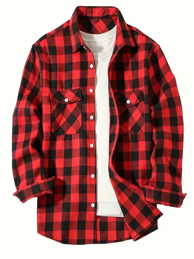 Spring and Autumn Fashion Cotton Long Sleeve Men\'s Shirt New Brushed Red Plaid Business Leisure Fit Flannel No iron