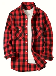 Spring and Autumn Fashion Cotton Long Sleeve Men's Shirt New Brushed Red Plaid Business Leisure Fit Flannel No iron