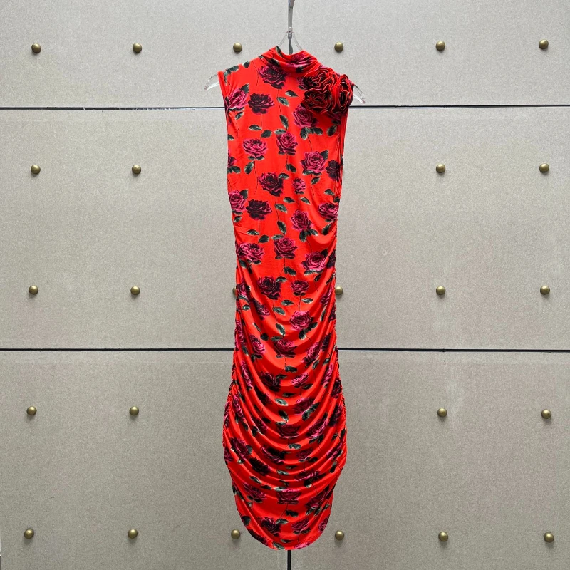 2024 Spring Summer Red Handmade Rose Print Three Dimensional Decoration Sleeveless Pile Collar Midi Dress New High Quality