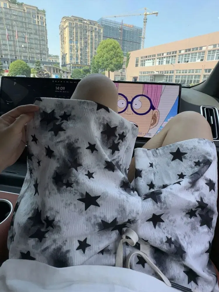 White Dyed Print Star Shorts Unisex Quick Dry Thin Design External Drawstring Five-Quarter Loose Fit Sports Casual Pants