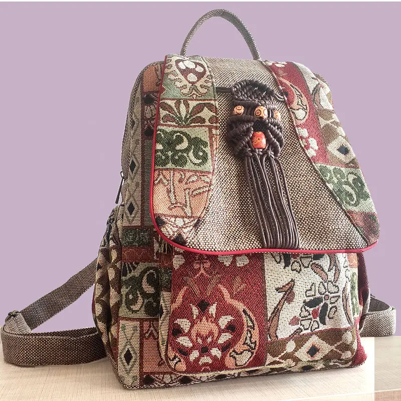 

Рюкзак в китайском стиле с принтом, из хлопка и льна, женский, большой вместимости, универсальный, повседневный, модный, холщовая сумка для женщин