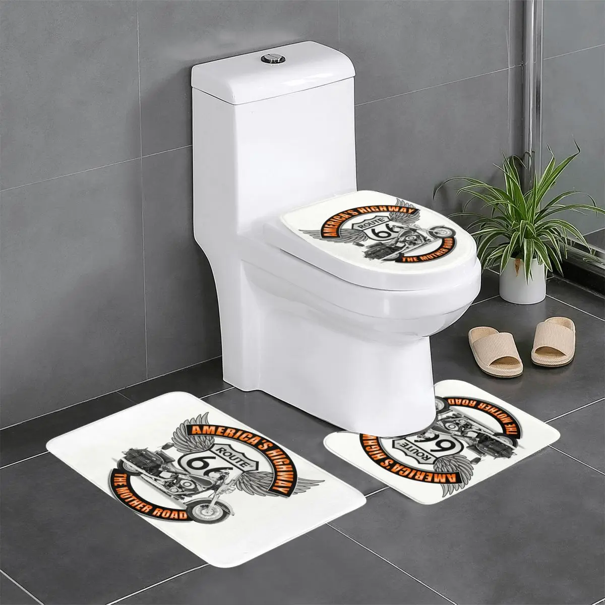 Custom Americas Highway 3 Pieces Bathroom Rugs Route 66 Non-Slip Absorbent Toilet Bath Mat Set