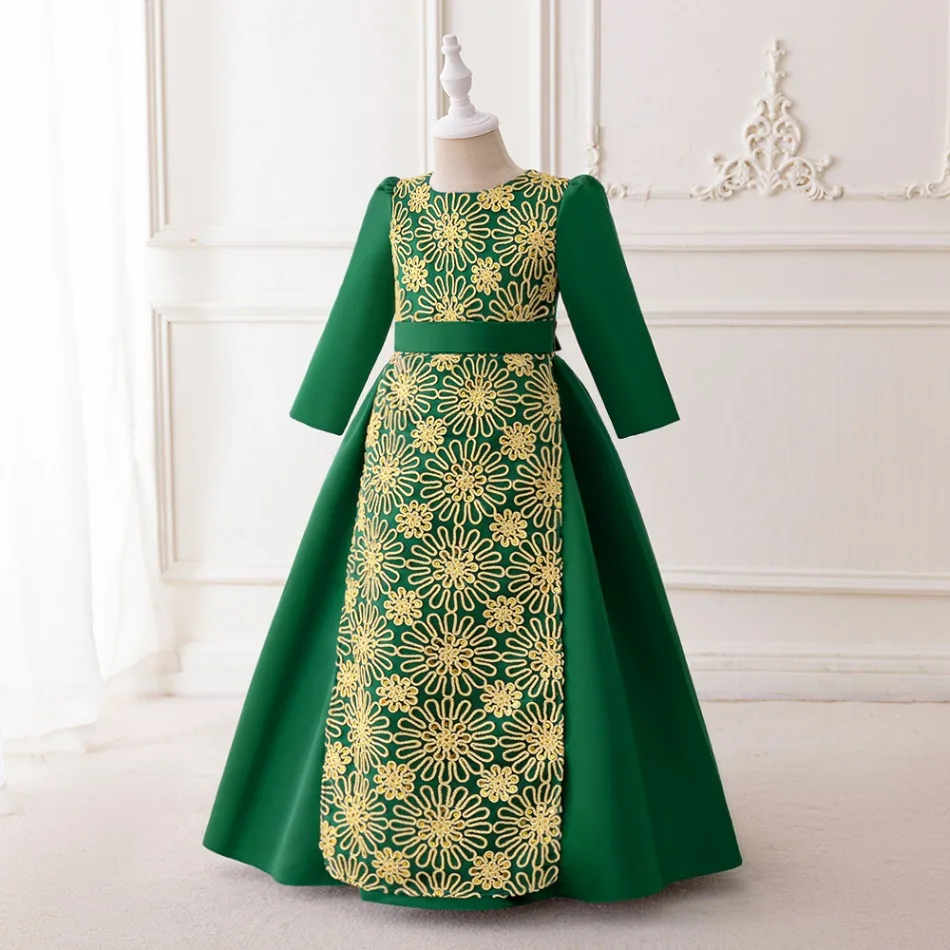 Ramadan Muslim Prayer Girl Dress Long Sleeve Robe Arab Dubai Eid Party Enfant Birthday Princess Dress Girls Wedding Gown ASQ03