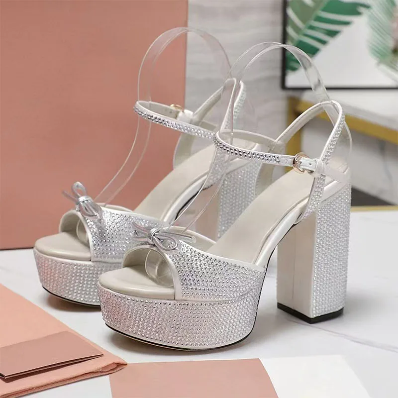 

Luxury Crystal Sandals Women Square Heels Butterfly-knot Wedding Shoes Chunky High Heels Rhinestone Platform Sandals Woman ﻿